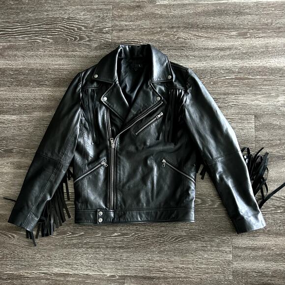 EUC ASOS 100% Real Leather Fringe Moto Jacket Sz Small Black Western Boho Biker - Picture 7 of 16